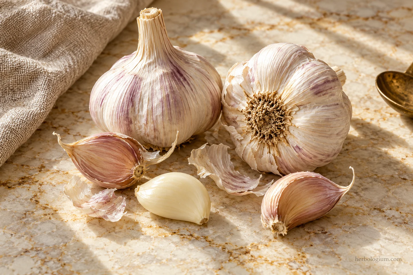 AI-generated ingredient still life of garlic bulbs and cloves on Taj Mahal quartzite beside flax linen.