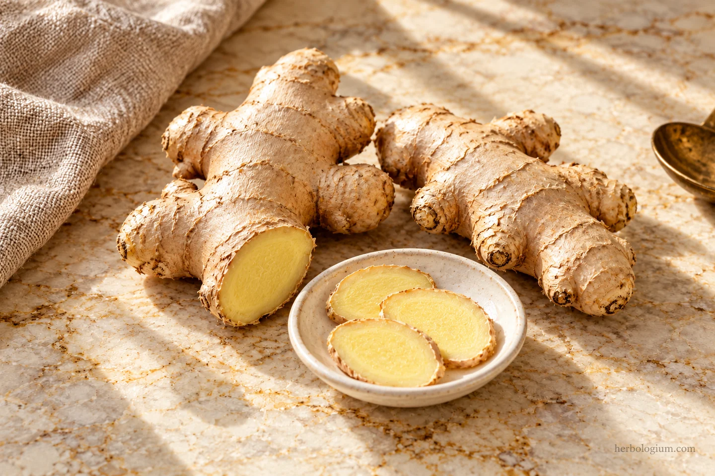AI-generated ingredient still life of ginger rhizomes and pale yellow slices on Taj Mahal quartzite.