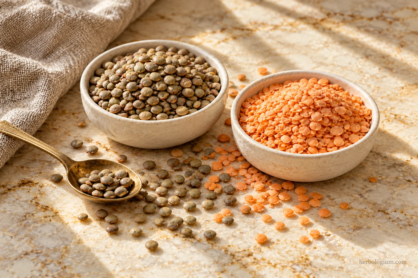 AI-generated ingredient still life of whole green-brown and split red lentils in ivory bowls with a brass spoon.