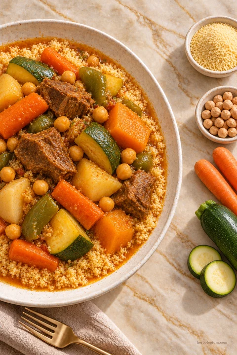 AI-generated serving illustration of algerian couscous with meat and vegetables with selected recipe ingredients on Taj Mahal quartzite, with flax linen and a brass utensil.