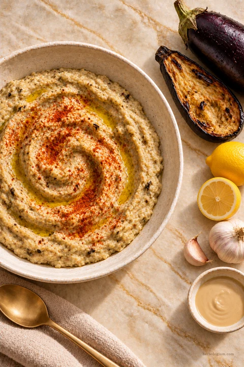 AI-generated serving illustration of baba ganoush with selected recipe ingredients on Taj Mahal quartzite, with flax linen and a brass utensil.