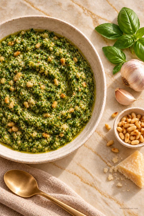 AI-generated serving illustration of basil pesto with selected recipe ingredients on Taj Mahal quartzite, with flax linen and a brass utensil.