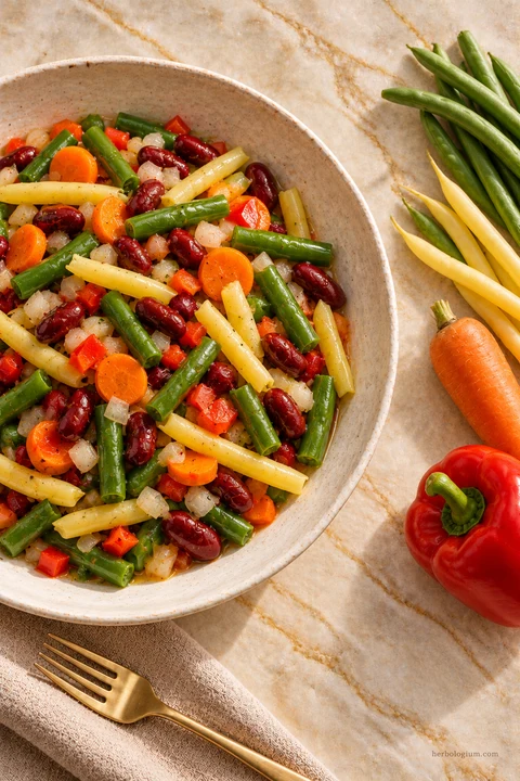 AI-generated serving illustration of three bean salad with selected recipe ingredients on Taj Mahal quartzite, with flax linen and a brass utensil.