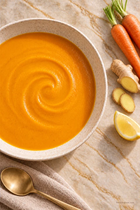 AI-generated serving illustration of carrot and ginger soup with selected recipe ingredients on Taj Mahal quartzite, with flax linen and a brass utensil.