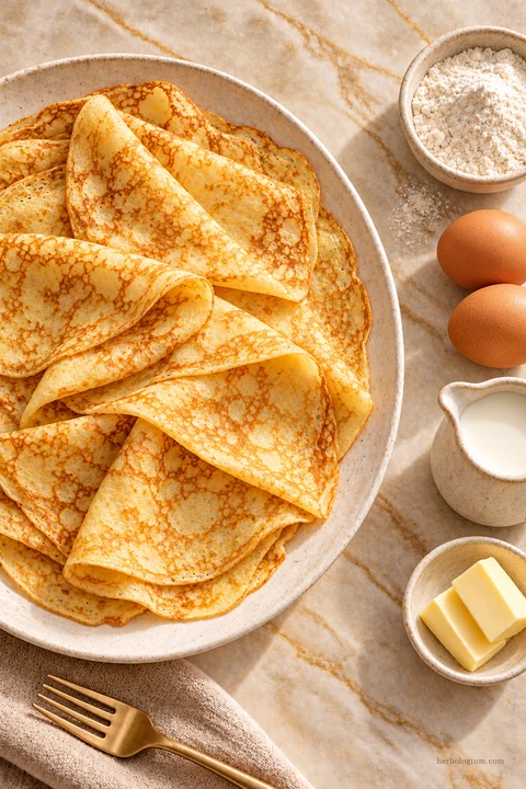 AI-generated serving illustration of danish pancake with selected recipe ingredients on Taj Mahal quartzite, with flax linen and a brass utensil.