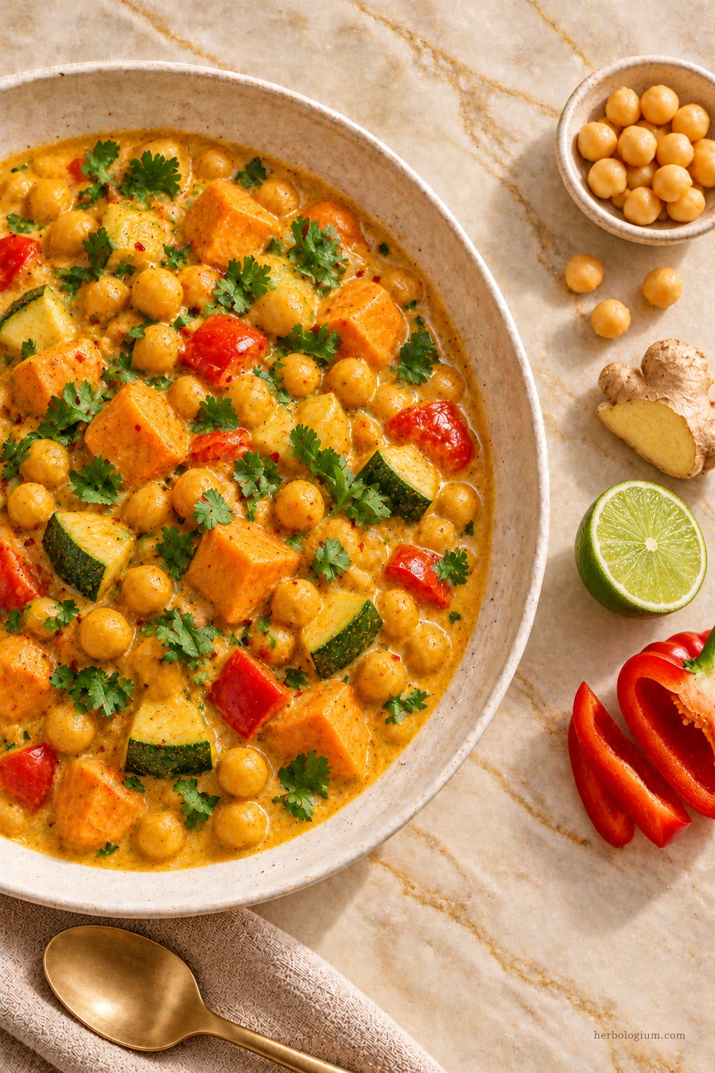 AI-generated serving illustration of fall vegetable and chickpea curry with selected recipe ingredients on Taj Mahal quartzite, with flax linen and a brass utensil.