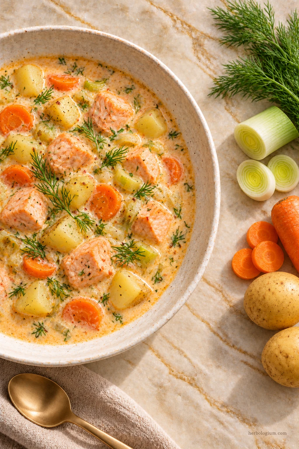 AI-generated serving illustration of finnish salmon soup with selected recipe ingredients on Taj Mahal quartzite, with flax linen and a brass utensil.