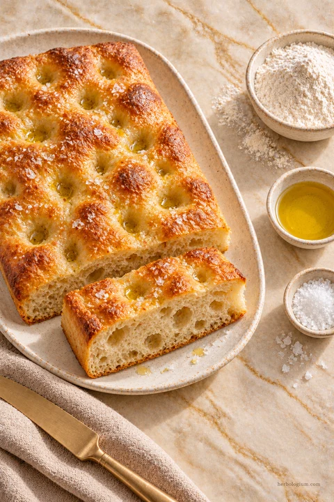 AI-generated serving illustration of focaccia with selected recipe ingredients on Taj Mahal quartzite, with flax linen and a brass utensil.