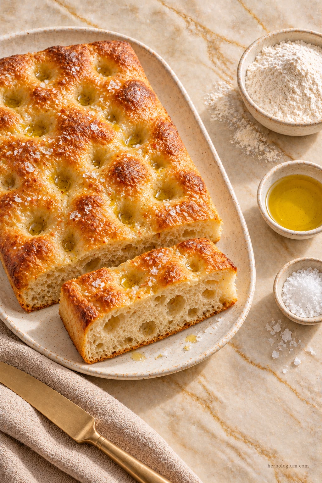 AI-generated serving illustration of focaccia with selected recipe ingredients on Taj Mahal quartzite, with flax linen and a brass utensil.