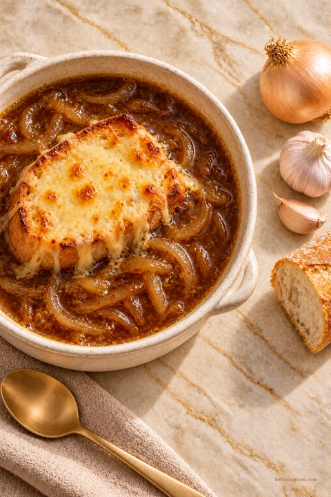 AI-generated serving illustration of french onion soup with selected recipe ingredients on Taj Mahal quartzite, with flax linen and a brass utensil.