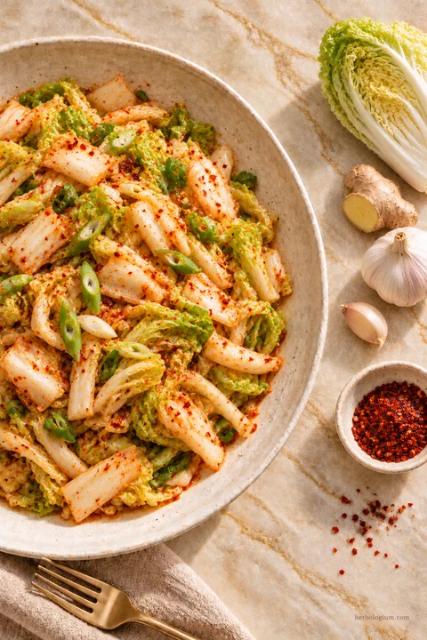 AI-generated serving illustration of fresh cabbage with ginger and gochugaru with selected recipe ingredients on Taj Mahal quartzite, with flax linen and a brass utensil.