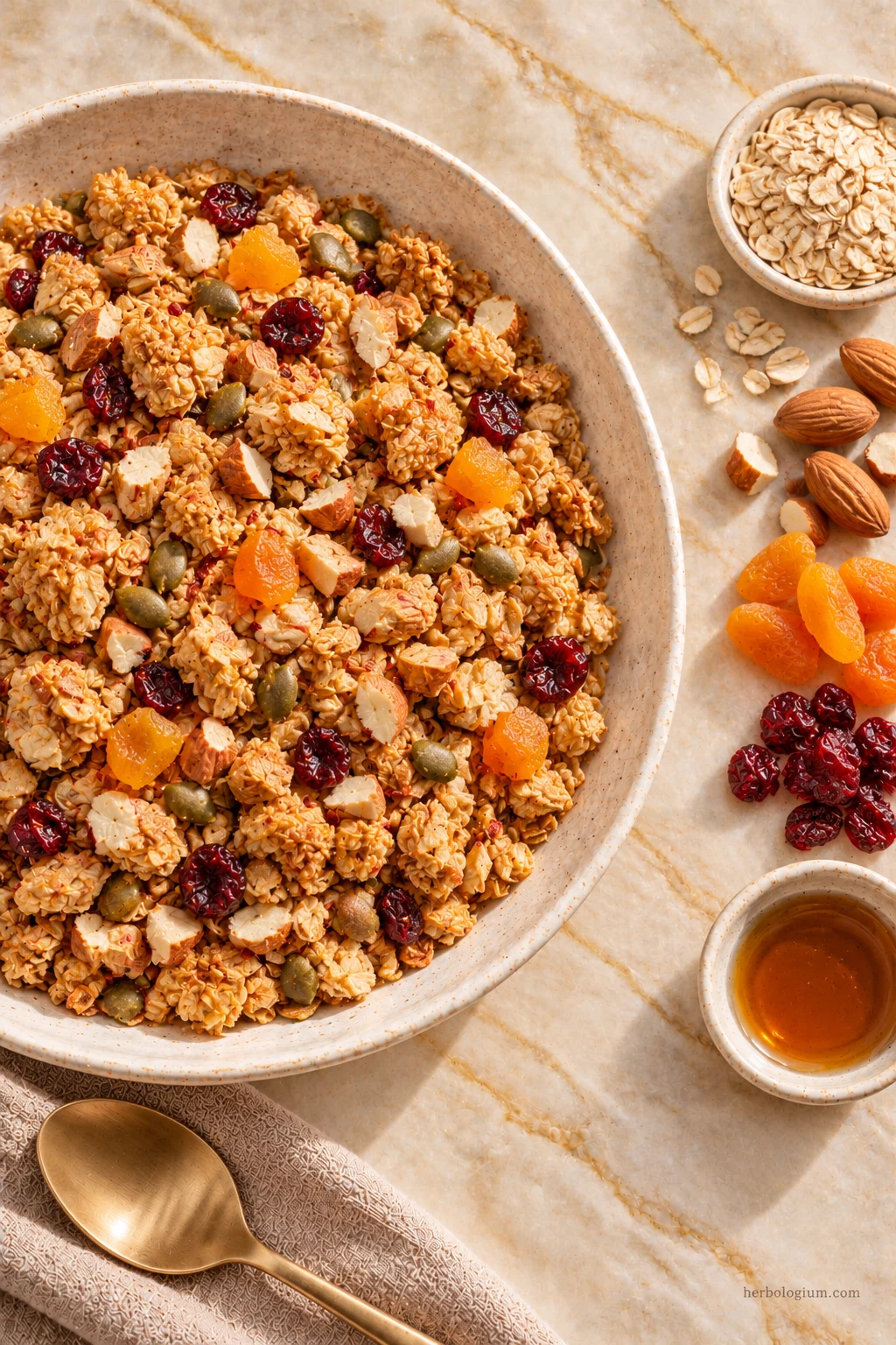 AI-generated serving illustration of granola with fruit and nuts with selected recipe ingredients on Taj Mahal quartzite, with flax linen and a brass utensil.
