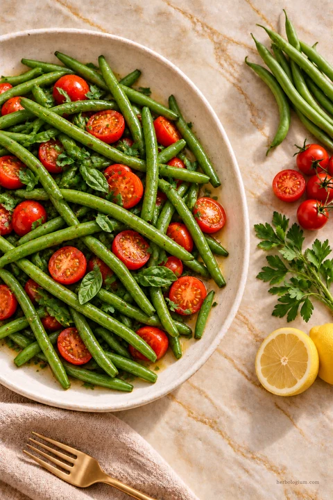 AI-generated serving illustration of green beans with tomato and herbs with selected recipe ingredients on Taj Mahal quartzite, with flax linen and a brass utensil.