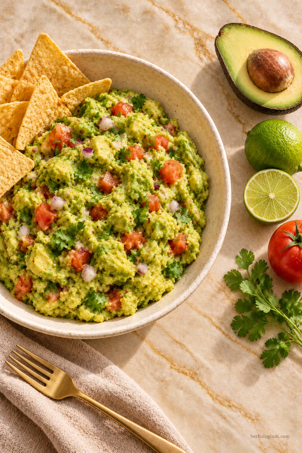 AI-generated serving illustration of fresh guacamole with selected recipe ingredients on Taj Mahal quartzite, with flax linen and a brass utensil.