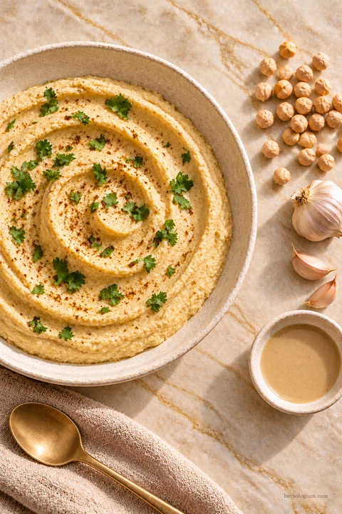 AI-generated serving illustration of hummus from dried chickpeas with selected recipe ingredients on Taj Mahal quartzite, with flax linen and a brass utensil.