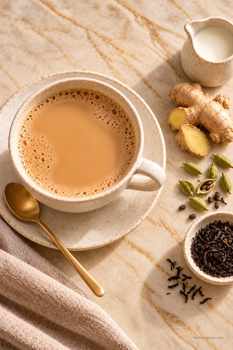 AI-generated serving illustration of ginger and cardamom milk tea with selected recipe ingredients on Taj Mahal quartzite, with flax linen and a brass utensil.