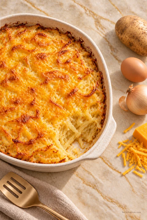 AI-generated serving illustration of irish potato casserole with selected recipe ingredients on Taj Mahal quartzite, with flax linen and a brass utensil.