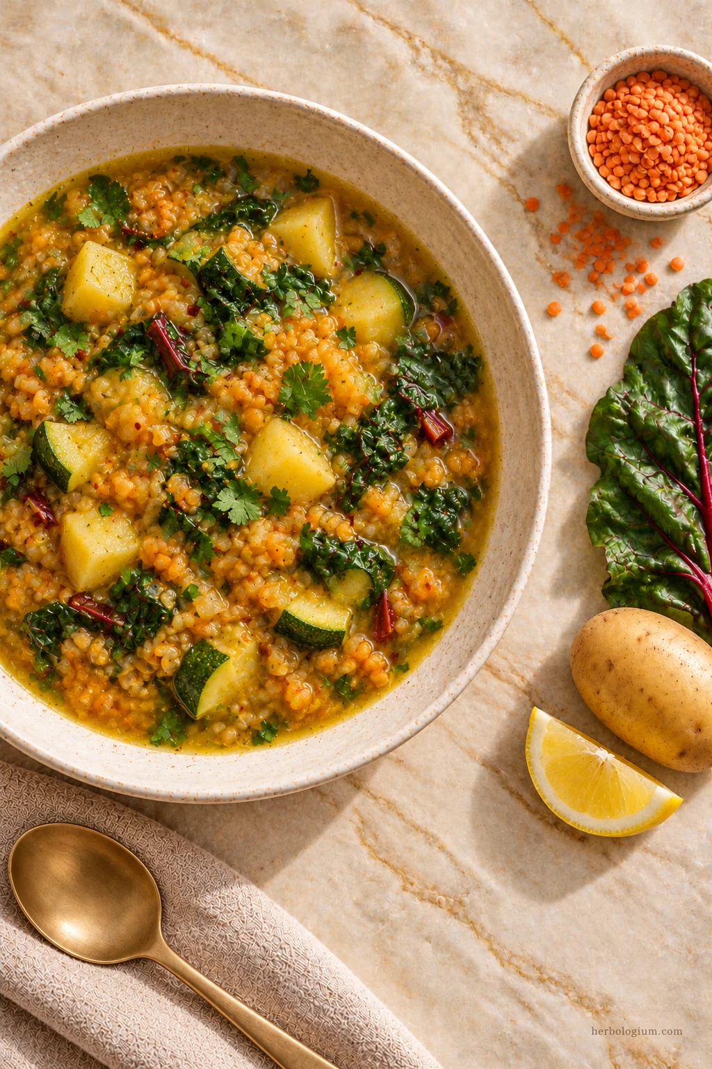 AI-generated serving illustration of lebanese-style lentil soup with selected recipe ingredients on Taj Mahal quartzite, with flax linen and a brass utensil.