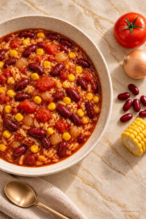 AI-generated serving illustration of lenten chili with selected recipe ingredients on Taj Mahal quartzite, with flax linen and a brass utensil.