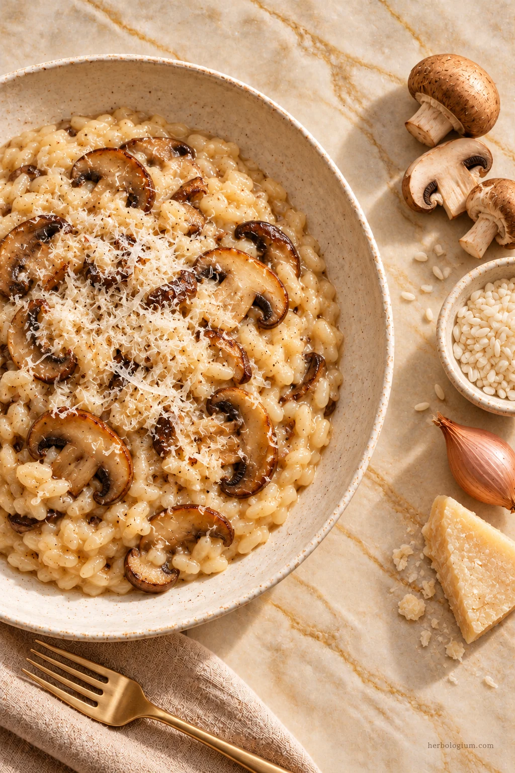 AI-generated serving illustration of mushroom risotto with selected recipe ingredients on Taj Mahal quartzite, with flax linen and a brass utensil.