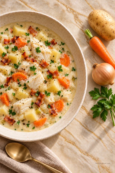 AI-generated serving illustration of newfoundland cod chowder with selected recipe ingredients on Taj Mahal quartzite, with flax linen and a brass utensil.