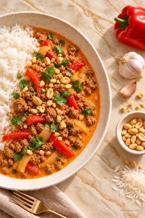 AI-generated serving illustration of panang-style beef curry with selected recipe ingredients on Taj Mahal quartzite, with flax linen and a brass utensil.