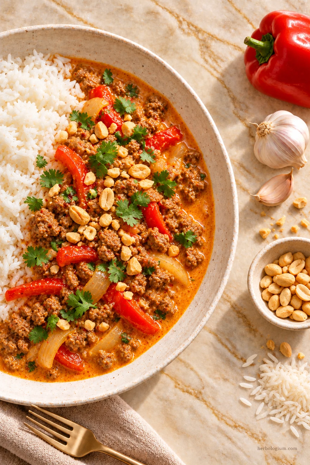 AI-generated serving illustration of panang-style beef curry with selected recipe ingredients on Taj Mahal quartzite, with flax linen and a brass utensil.