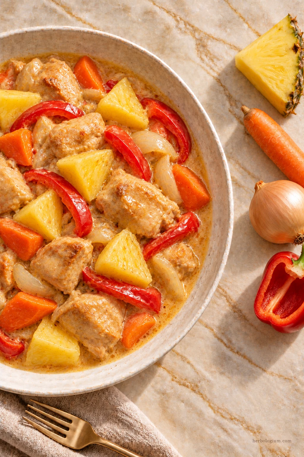 AI-generated serving illustration of pininyahang manok with selected recipe ingredients on Taj Mahal quartzite, with flax linen and a brass utensil.