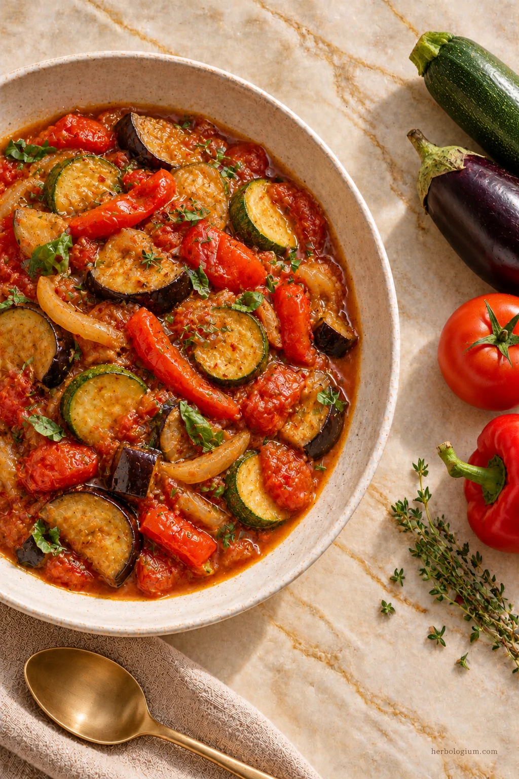 AI-generated serving illustration of ratatouille with selected recipe ingredients on Taj Mahal quartzite, with flax linen and a brass utensil.