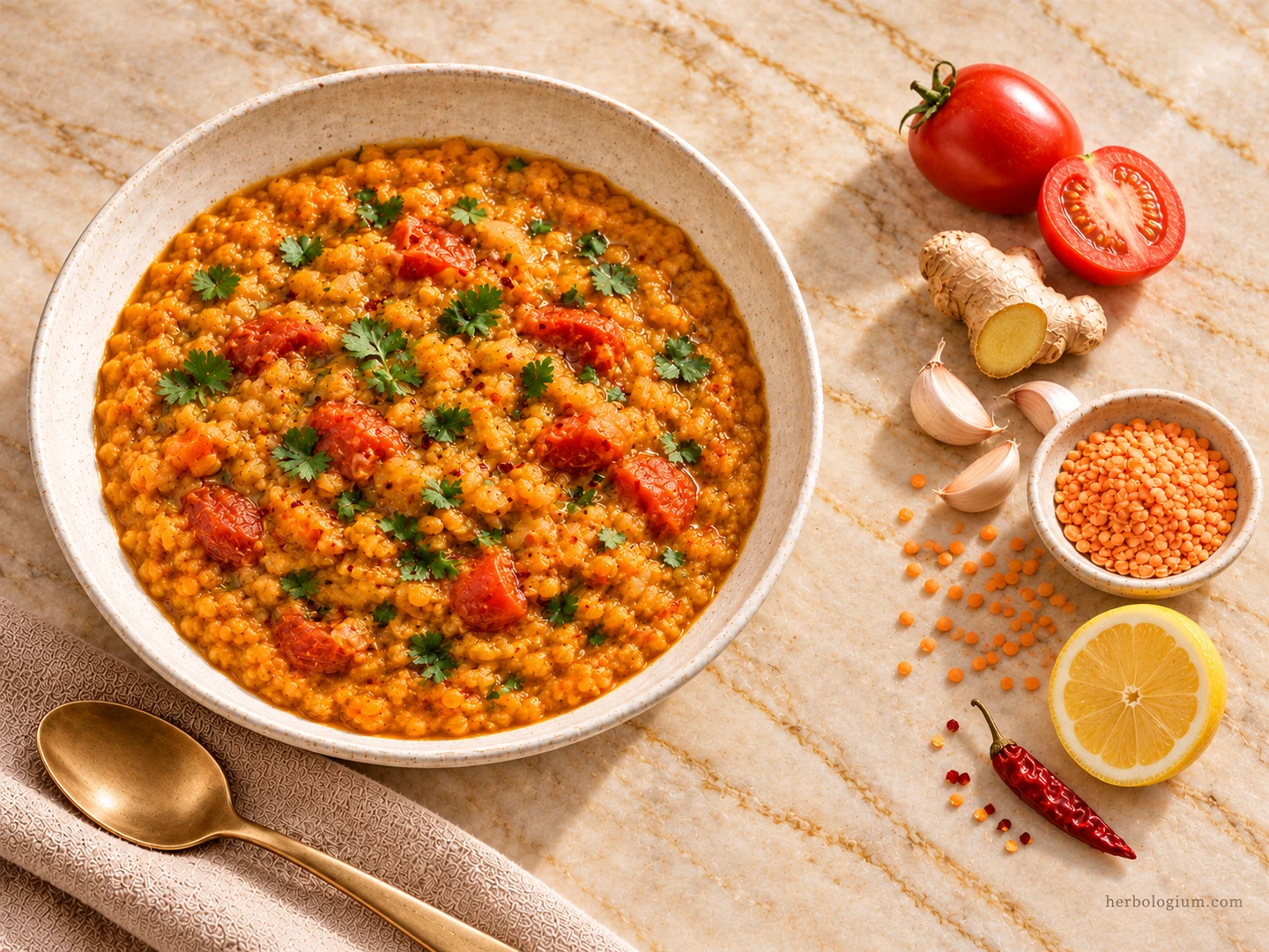 AI-generated serving illustration of red lentil dahl with selected recipe ingredients on Taj Mahal quartzite, with flax linen and a brass utensil.