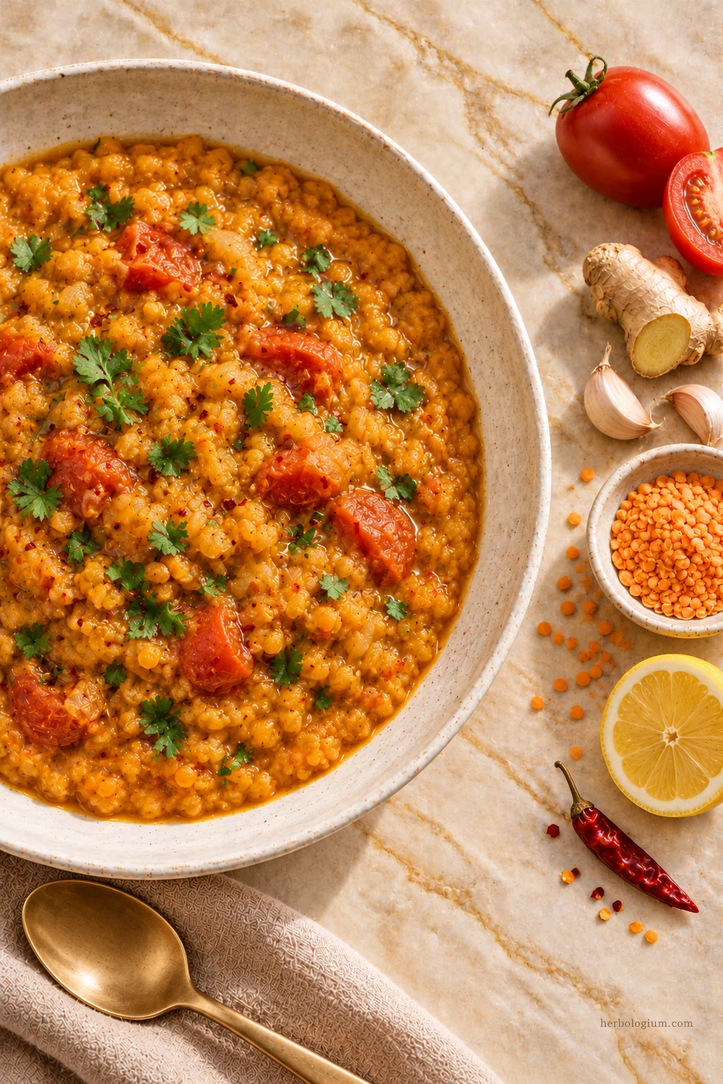 AI-generated serving illustration of red lentil dahl with selected recipe ingredients on Taj Mahal quartzite, with flax linen and a brass utensil.