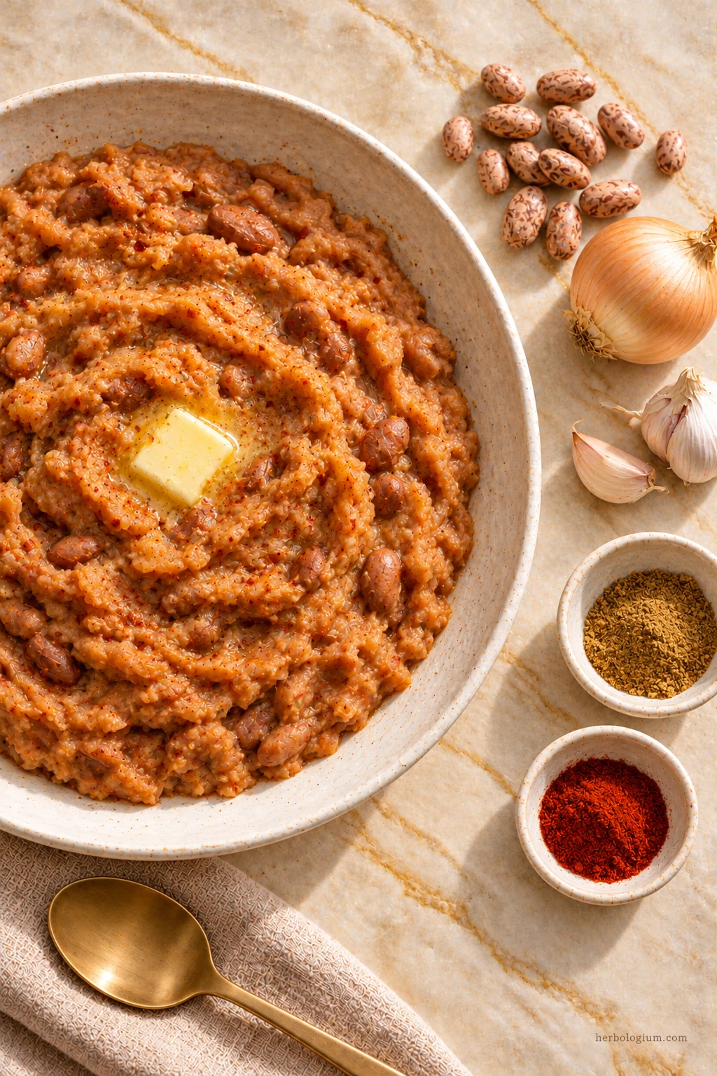 AI-generated serving illustration of refried beans with selected recipe ingredients on Taj Mahal quartzite, with flax linen and a brass utensil.