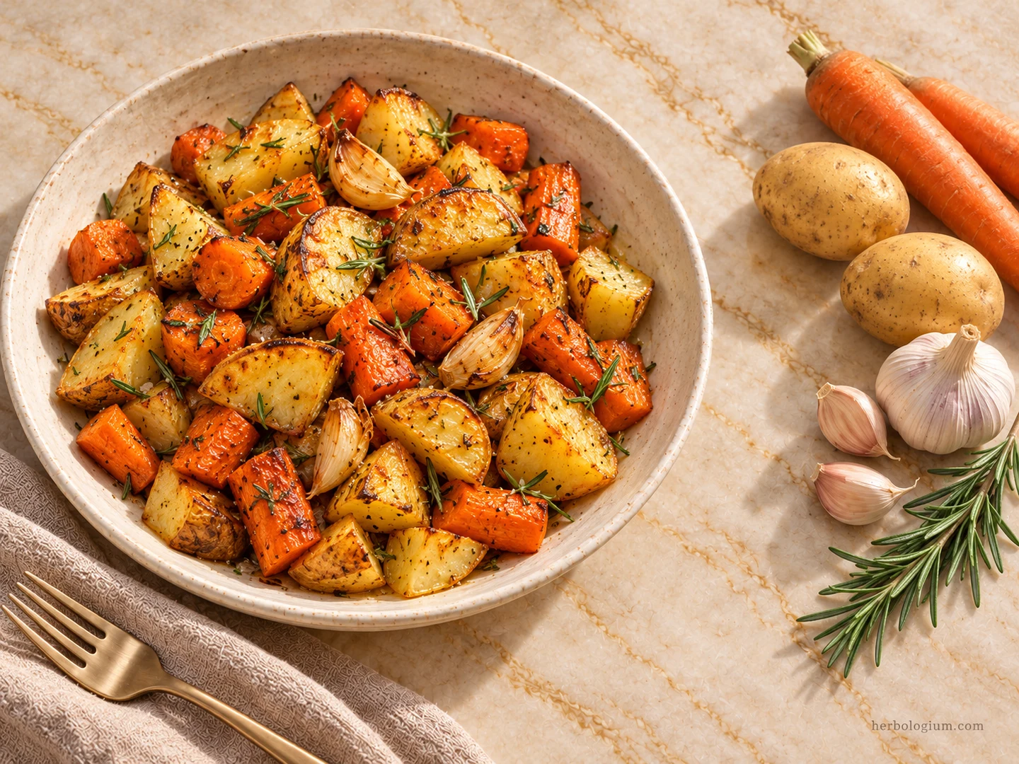 AI-generated serving illustration of rosemary-roasted roots with selected recipe ingredients on Taj Mahal quartzite, with flax linen and a brass utensil.