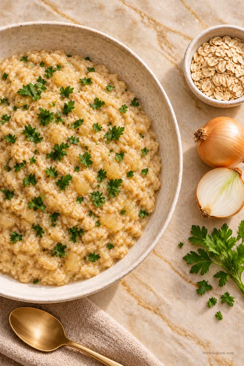 AI-generated serving illustration of savory oats with onion and parsley with selected recipe ingredients on Taj Mahal quartzite, with flax linen and a brass utensil.