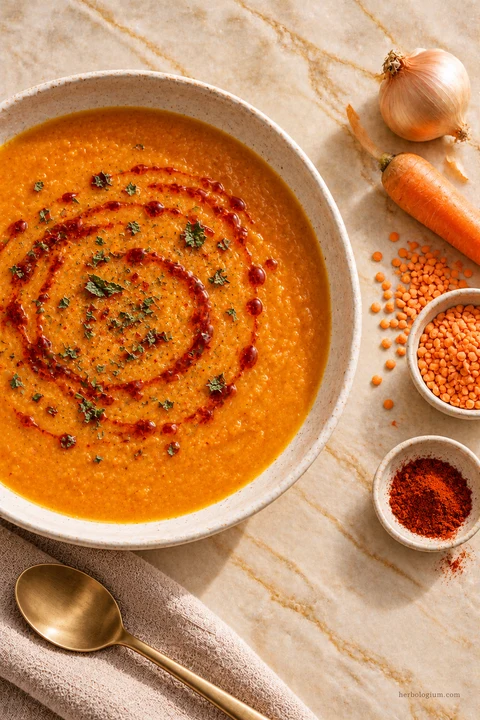 AI-generated serving illustration of turkish-style red lentil soup with selected recipe ingredients on Taj Mahal quartzite, with flax linen and a brass utensil.