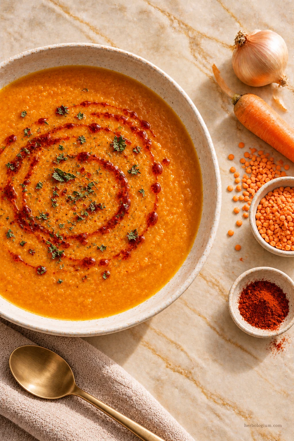 AI-generated serving illustration of turkish-style red lentil soup with selected recipe ingredients on Taj Mahal quartzite, with flax linen and a brass utensil.
