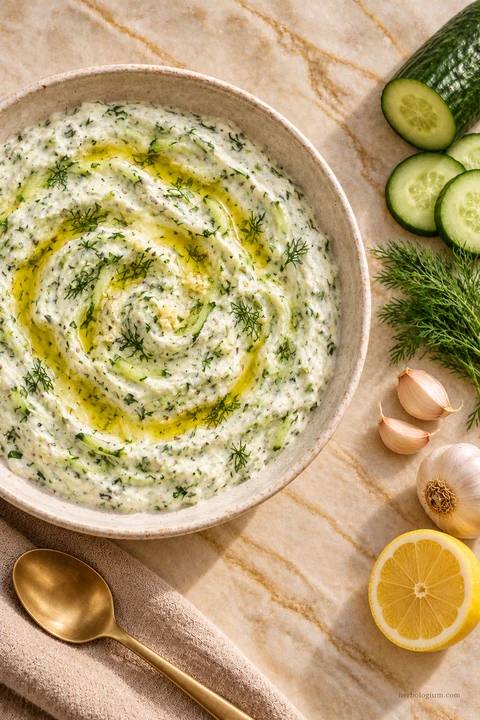 AI-generated serving illustration of tzatziki with selected recipe ingredients on Taj Mahal quartzite, with flax linen and a brass utensil.