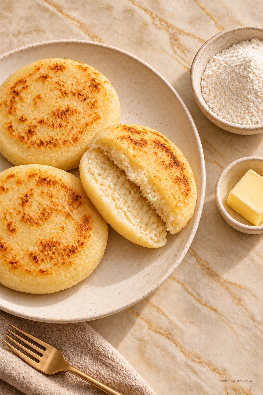 AI-generated serving illustration of venezuelan arepa with selected recipe ingredients on Taj Mahal quartzite, with flax linen and a brass utensil.