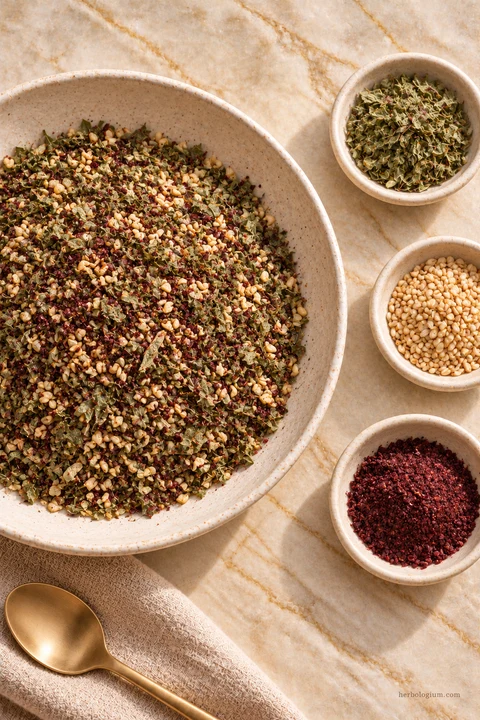 AI-generated serving illustration of zaatar with selected recipe ingredients on Taj Mahal quartzite, with flax linen and a brass utensil.